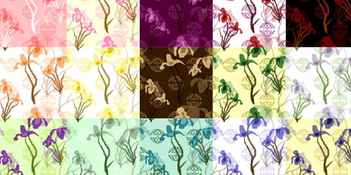 20 разноцветных паттернов с элементами цветов ириса