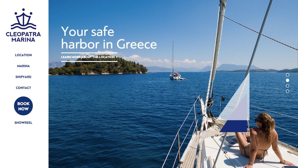 The website for Cleopatra Marina, with the caption 'your safe harbour in greece'.