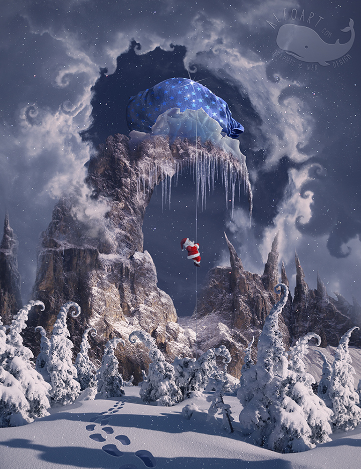Christmas Gifts Mountain.. Fairy night with the crescent above the clouds. Moon craters 3D model. Fairy Christmas snoe and icy landscape.