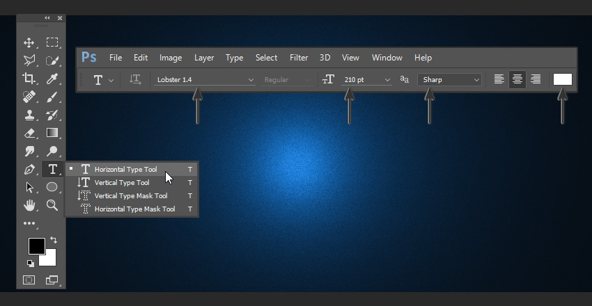 Horizontal Type Tool and its settings