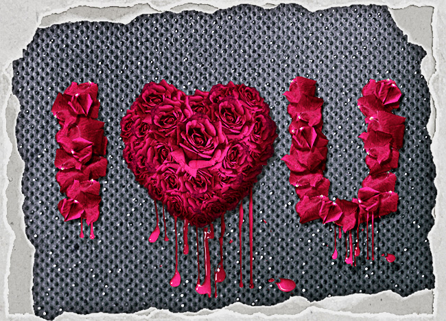 text letters made with red rose petals in photoshop