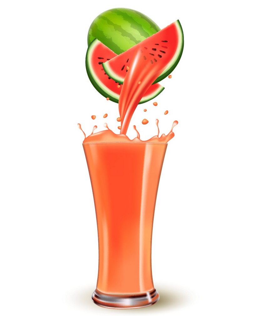 watermelon with watermelon slices poring juice into juice glass with splash vector gradient mesh
