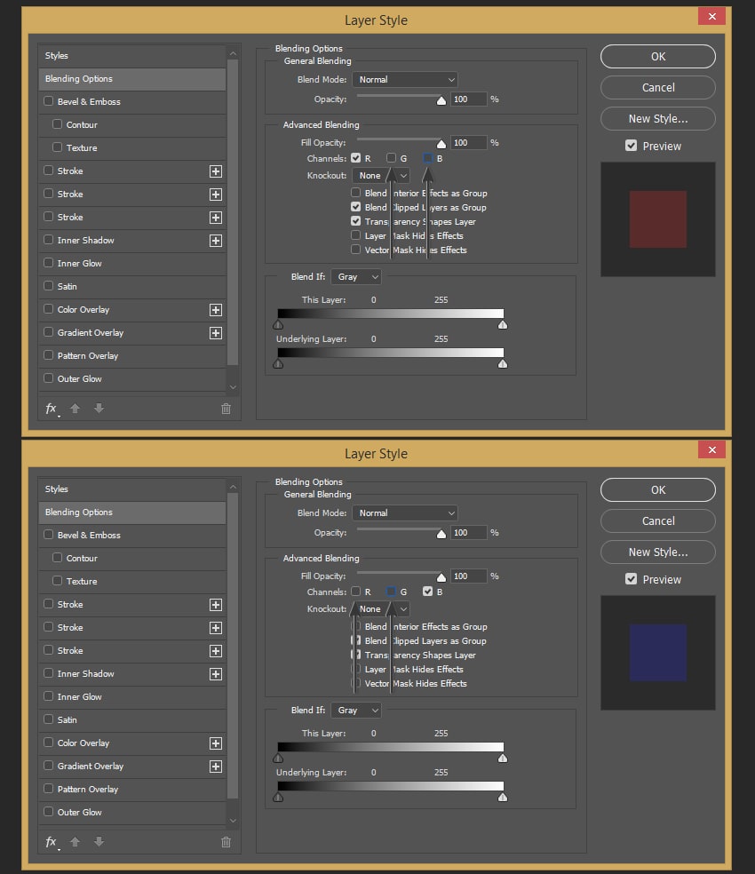 Unchecking the color channels of the layers