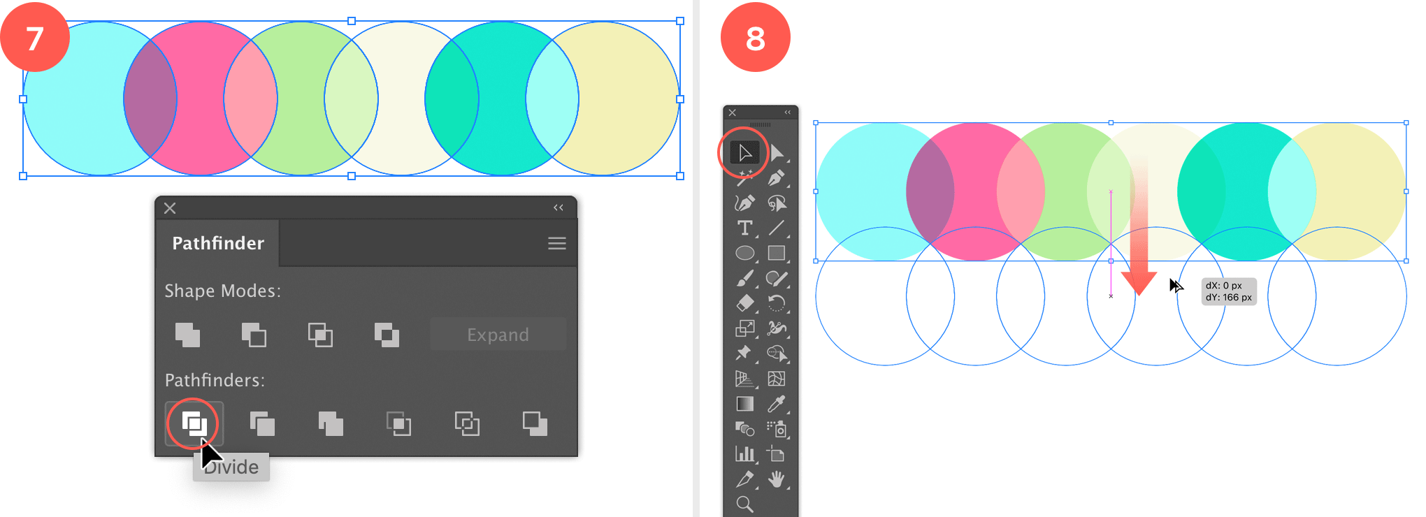 Divide the circles into separate objects and duplicate all the circles while moving them vertically down.